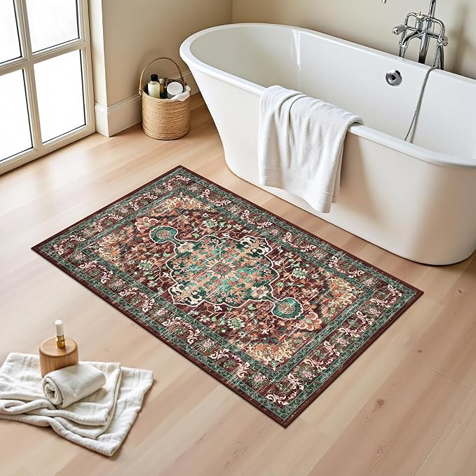 U'Artlines Boho Front Door Mat, 2x3 Machine Washable Rug, Rust＆Teal | Low Pile, Non Slip, Ultra-Thin Soft Floor Carpet, Vintage, Accent Rug for Living Room Bedroom Dining Room Office