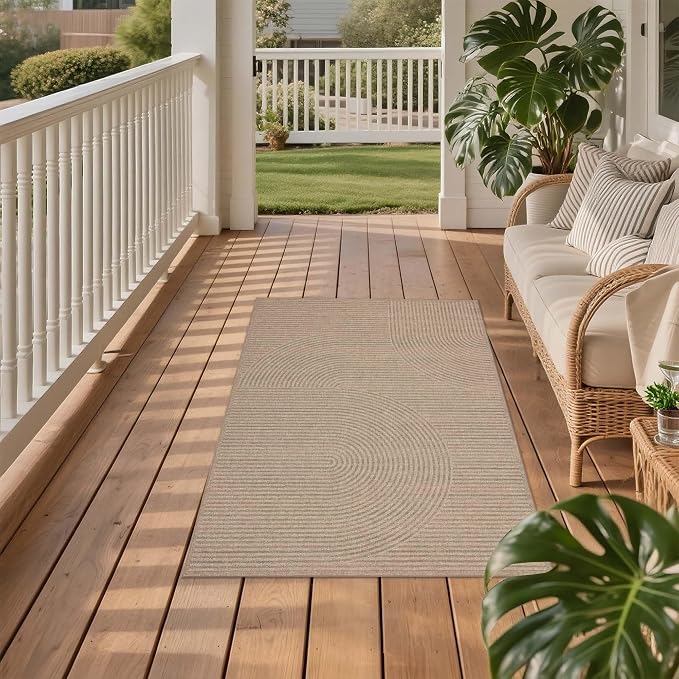 Easy Jute Rug 3x5 Outdoor: Natural Area Rugs for Patio Linen-Look Fabric Durable - Neutral Washable Carpet Mat for Entryway Bedroom Kitchen Non-Slip - Swirl Curved Pattern
