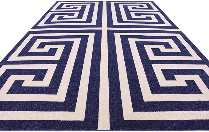 Unique Loom Athens Collection Classic Geometric Modern Border Design Area Rug (10' 0 x 13' 0 Rectangular, Navy Blue/ Beige)