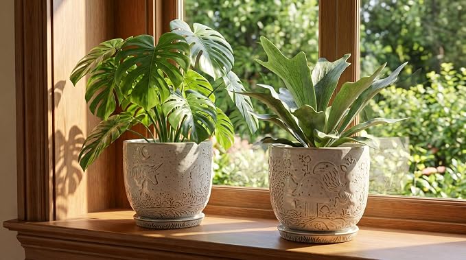Claybourne Embossed Terracotta Plant Pots with Drainage Hole & Saucer, 4/6/8 Inch, Indoor/Outdoor Planter with Pebbles (White（Forest Elf）, 6 inch)
