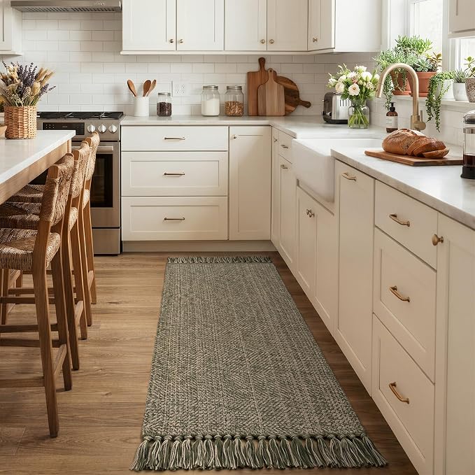 Moss Green Bathroom Runner Rug, 2' x 5' Boho Kitchen Mats | Hand-Woven Entryway Rug Runners for Hallway, Modern Farmhouse Washable Laundry Carpet Indoor Front Door Mat for Bedroom Decor