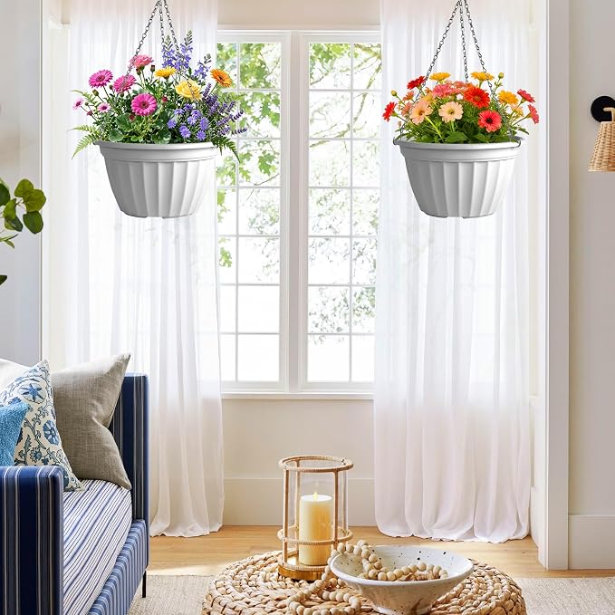 FGstyle 6 Pack Hanging Planters 8 Inch,Self Watering Pots for Indoor Plants,Plastic Hanging Basket with Soil Elevator and 20" Chain for Home Garden Porch Balcony Patio Decor(White)