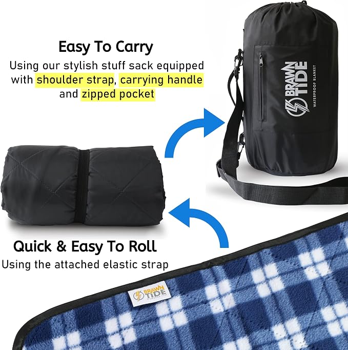 BRAWNTIDE Large Waterproof Outdoor Blanket, Extra Thick Fleece, Warm, Windproof & Sandproof, Quilted Stadium Blanket for Sports Events, Beach, Camping, Picnics, Dogs & Car, 82" x 55