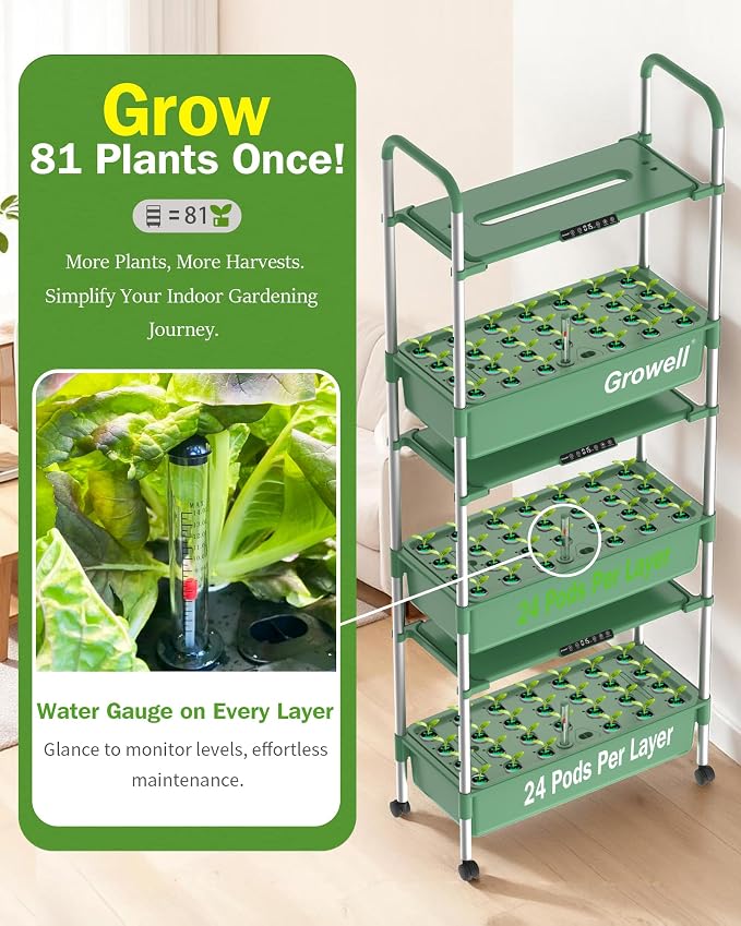 Growell 81 Pods Hydroponics Growing System Kit with Independent Water Pump | Vertical Indoor Herb Garden with 2 Light Modes & 2 Timer, Smart Water Circulation, 42L Water Tank, Movable & Space-Saving