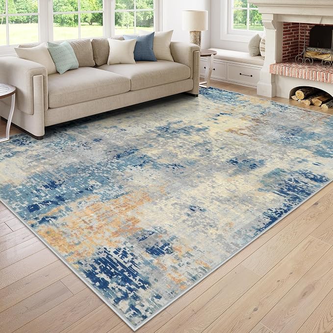Lahome Modern Abstract 9x12 Area Rugs for Living Room, Washable Living Room Rug for Bedroom Low Pile Non Slip, Soft Indoor Accent Carpet for Dining Room Table Apartment, Blue/Grey