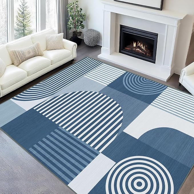 Area Rug 6x9 Living Room Blue Geometric Rug Machine Washable Minimalist Line Mid Century Modern Area Rugs Non Slip Low Pile Large Dining Room Indoor Floor Carpet for Bedroom Office,Blue