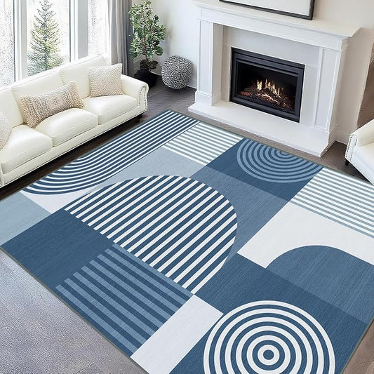 Area Rug 5x7 Blue Geometric Rug for Living Room Machine Washable Minimalist Line Mid Century Modern Rugs Non Slip Low Pile Large Dining Room Indoor Floor Carpet for Bedroom Kitchen Office,Blue
