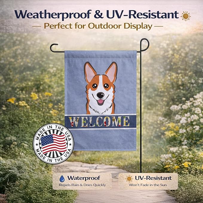 Caroline's Treasures BB1440GF Red Corgi Welcome Garden Flag, Blue Mailbox Flag Decorative Yard Flag Banner Outside Patio Artwork Yard Flower Beds, Garden Size, Multicolor
