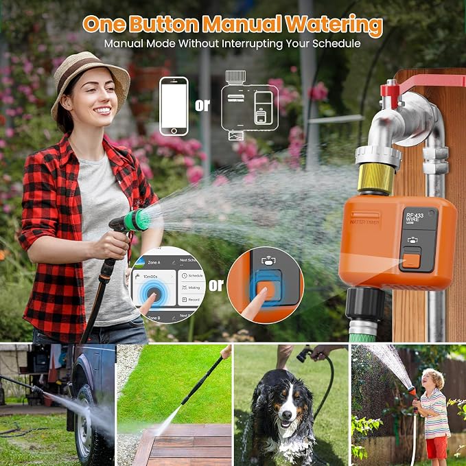 WiFi Water Timer for Garden Hose, Smart Sprinkler Timer with 984ft Long Range, Strong Wall Penetration, APP & Remote Control, Voice Control, Rain Delay, Manual Mode, Watering System (1 Outlet)