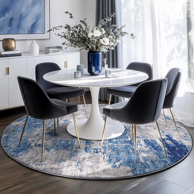 RELEANY Washable Round 8ft Area Rug for Living Room Blue Gray | Carpet for Bedroom, Kitchen, Office, Hallway and Entryway, Printed Pattern, Non‑Slip, Soft, Stain‑Resistant, Easy to Clean