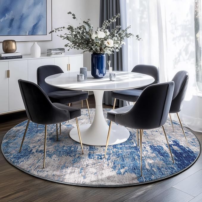 RELEANY Washable Round 6ft Area Rug for Living Room Blue Gray | Carpet for Bedroom, Kitchen, Office, Hallway and Entryway, Printed Pattern, Non‑Slip, Soft, Stain‑Resistant, Easy to Clean