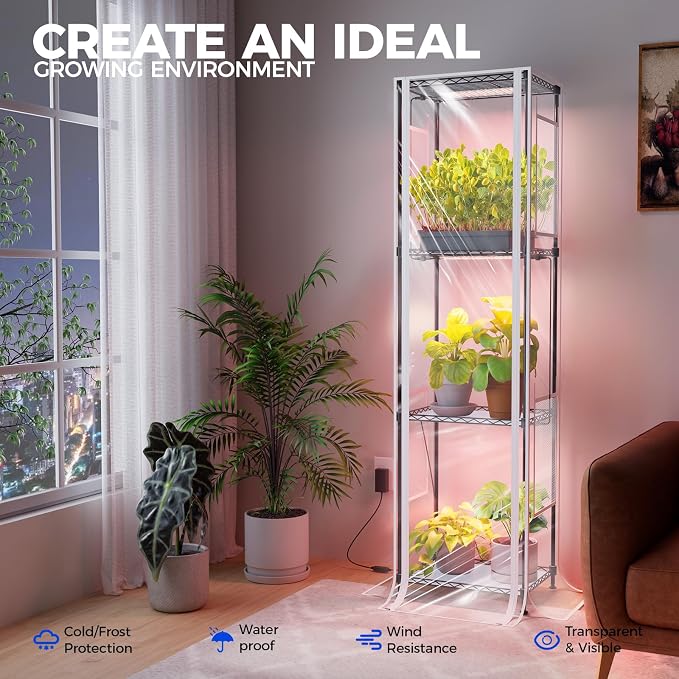CX83Z Indoor Greenhouse with Grow Light, 4-Tier Corner Plant Stand, 30W Full Spectrum Growing Light Panels, Mini Greenhouse with Tent for Seed Starting, 3/6/12h Timer, 15.7 x 11.8 x 59.1IN