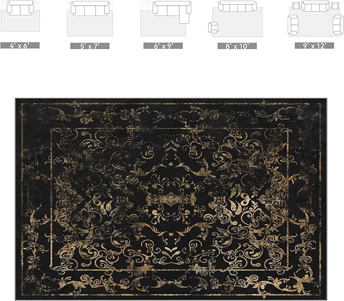 Nayoroom Black and Gold Baroque Area Rug, Machine Washable, 8 x 10 ft | Ornate filigree pattern; Symmetrical scroll border; Soft surface; Machine washable; Non-slip backing; Living room or bedroom