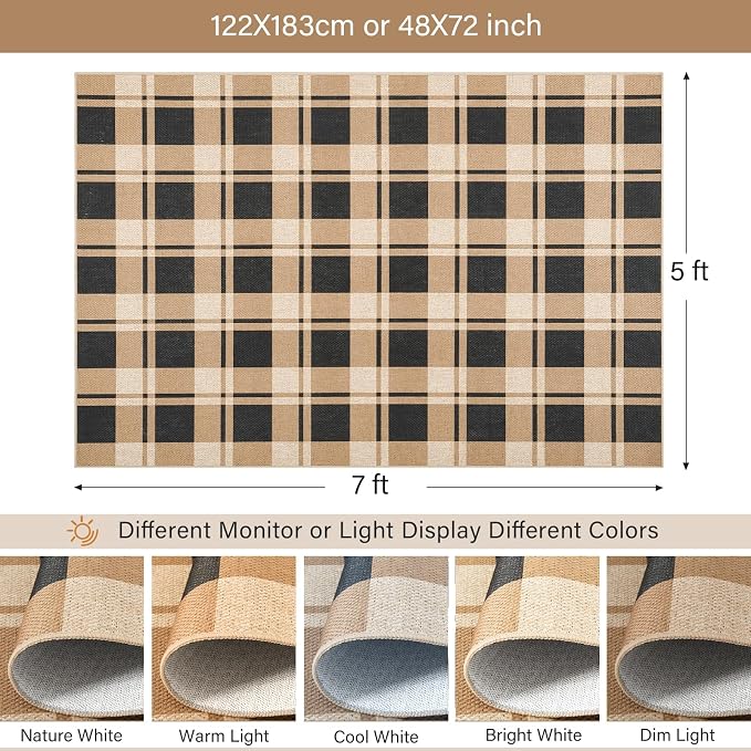 Checkered 4x6 Area Rugs, Jute Rug for Indoor Outdoor, Black/Brown | Washable Jute Area Rug With Non-Slip Backing, Low-Pile Texture, Farmhouse Geometric Pattern In Neutral Brown/Black, Durable