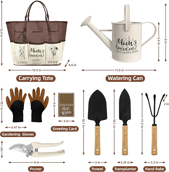 Mom Gifts, Mothers Day Garden Kit Gifts for Mom from Daughter Gardening Tools and Durable Garden Tools Organizer Tote, Ideal Gardening Set for Women on Plant Lover Birthday Present Brown
