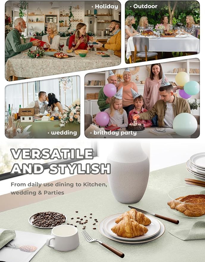 Decorelia Waterproof Linen Table Cloth for 8ft Rectangle Table, Easy to Clean Wrinkle-Free Wipeable Outdoor Tablecloth for Wedding, Party and Camping(Oblong, 60 x 120 Inch (10-12 Seats), Light Grey)