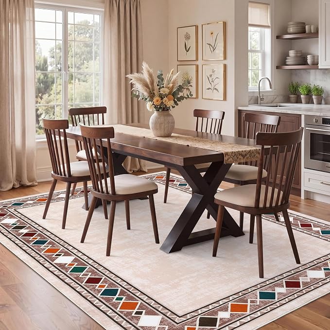 Garvee 4x6 Area Rugs Vintage Border Washable Rugs Soft Rug, Beige | Boho Area Rug Stain Resistant Easy Cleaning Throw Rugs Non Shedding Low Pile Floor Cover for Nursery Dining Room