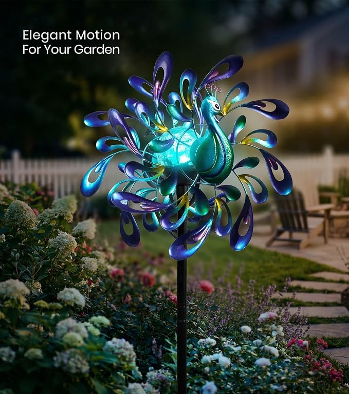 Peacock Wind Spinner Metal Kinetic Turquoise Green Garden Yard Art | Hand-Crafted, Shimmering turquoise metal peacock sculpture, Auto-glow solar crackle ball, Stable 5-prong stake