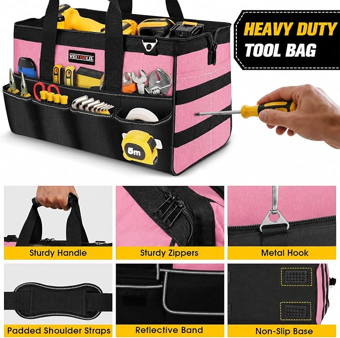 Veitorld 16-Inch Tool Bag Tool Box Organizer, Heavy Duty Tool Organizer with 19 Pockets, Wide Mouth Design for Easy Access, Portable Tool Tote Gift for Women and Men, Garage, Workshop, Pink