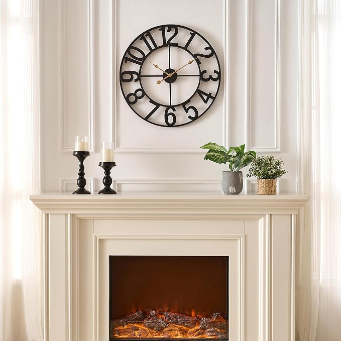Wall Clocks for Living Room Decor, Large Wall Clock Silent Battery Operated, Rustic Industrial Farmhouse Black Metal Wall Clocks for Kitchen, Bedroom, Dining Room-24 in