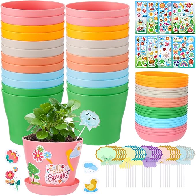 Cosweet 24 Pack Durable Resin Garden Pot Craft Kit for Kids - Colorful Flower Plant Spring Crafts with Stickers & Blank Labels, School Activities Growing Kit for Classroom Home DIY Gift 4+ Years