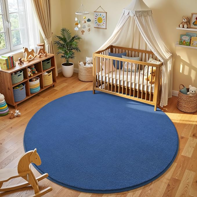 Amearea Blue Round Area Rug 4ft Washable Circle Rug for Bedroom Living Room | Fluffy Indoor Thickened Memory Foam Rugs, Non Slip Minimalist Circular Carpet for Kids Boys Girls Dorm Nursery Room Decor