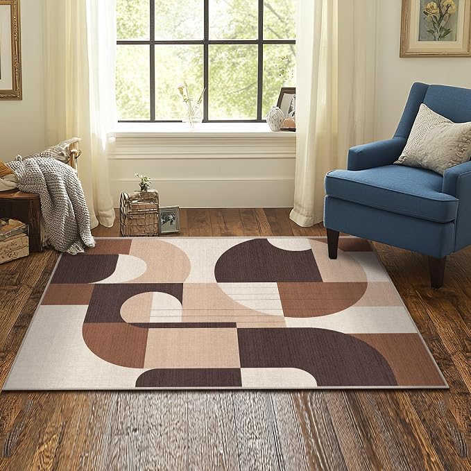3x5 Brown Geometric Area Rug for Bedroom Entryway Hallway Modern Abstract Rug Machine Washable Non-Slip Carpet for Bathroom Kitchen Bedside Living Room