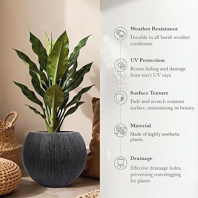 14.5 Inch Dia Plastic Round Black Planters for Outdoor Plants, Plant Pot with Drainage Holes and Plug for Home Patio Garden, Large Flower Pot for Indoor and Outdoor Plants, 11.8 H (8.9" Pot Opening)