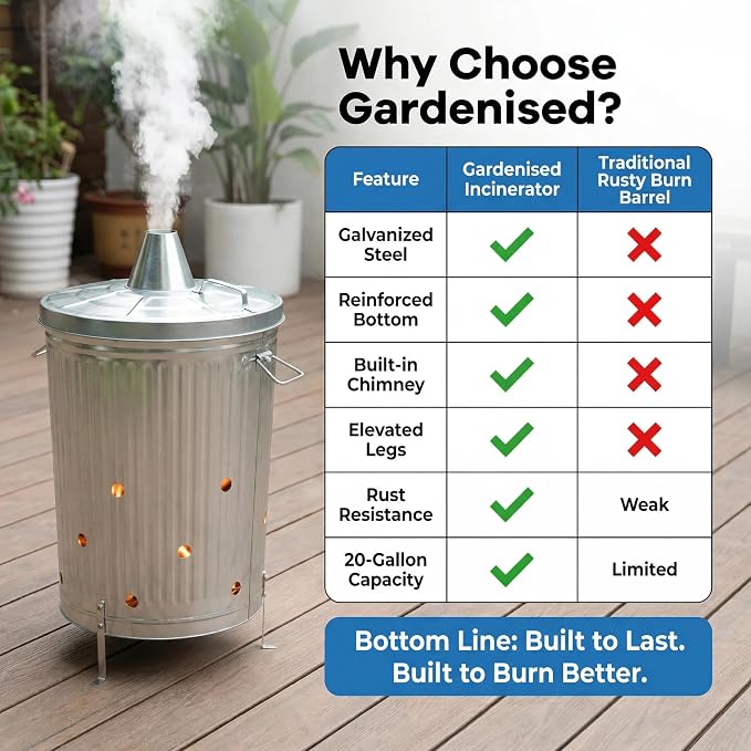 Gardenised 20-Gallon Galvanized Steel Incinerator Can with Lid & Vent Holes, High-Heat Outdoor Burn Bin for Leaves, Paper, Yard Waste & Garden Debris, Silver