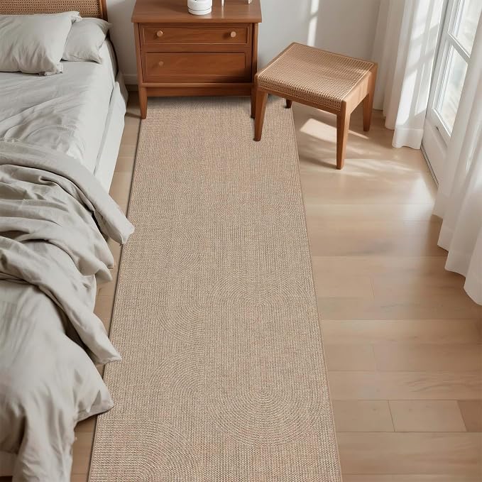 Outdoor Easy Jute Runner Rug: 2.5x8 Modern Natural Area Rugs for Front Patio Hallway Linen-Look Fabric Durable - Neutral Washable Mat for Entryway Kitchen Bedroom - Swirl Curved Pattern