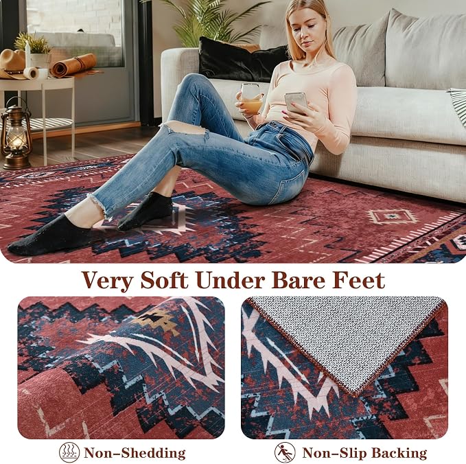 Yinhua Western 8x10 Rugs for Living Room, Aztec Washable Area Rug Low-Pile | Soft Rust Large Area Rug Non-Slip with Rubber Backing, Fall Non-Shedding Carpet for Office Nursery
