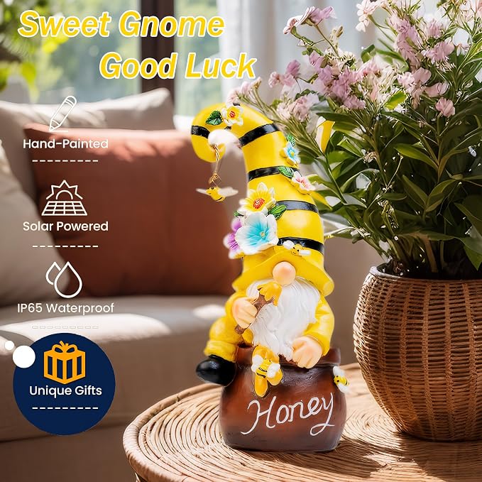 twinbling 13" Garden Solar Spring Gnomes Statues Outdoor | Birthday Gifts from Daughter Son Spring Decor with LED Lighted Bee and Flowers Funny Garden Sculpture for Patio Yard Lawn
