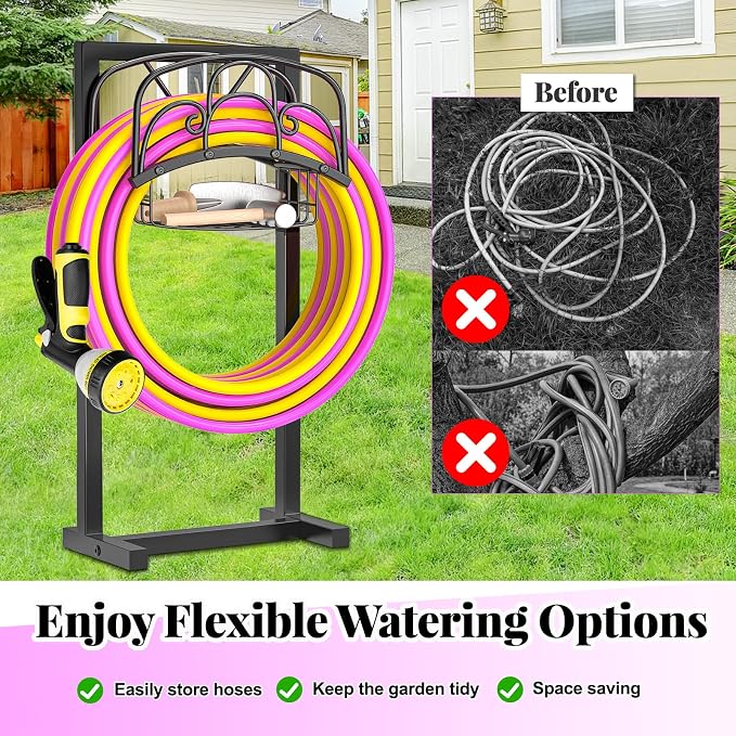 Garden Hose Holder,Heavy Duty Freestanding Detachable Storage Reel Stand,Upgraded 4 Spikes Hose Hanger for Outside Yard Lawn (curved line with Storage Basket)