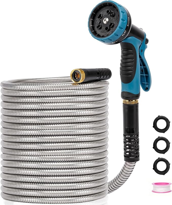 Metal Garden Hose 75 ft x 5/8 in OD with 10 Pattern Sprayer Nozzle, Stainless Steel Water Hose, Non Expandable Flexible Kink Resistant Heavy Duty Hose for Yard, Car Washing and Pet Bath