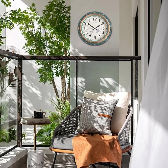 OCEST 16 Inch Indoor Outdoor Clock, Waterproof Wall Clock with Thermometer Hygrometer, Silent Non-Ticking Battery Operated Decor for Home Decor, Patio(Retro Green)