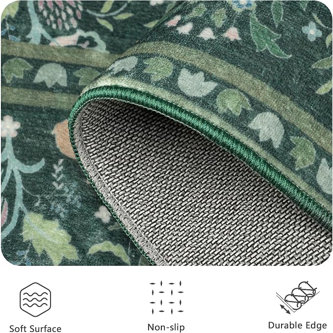 5x7 Area Rugs, Vintage Rugs for Bedroom, Indoor Non-Slip Washable Rug for Living Room, Dining Room, Low Pile Home Decor Floral Rug(Dark Green)