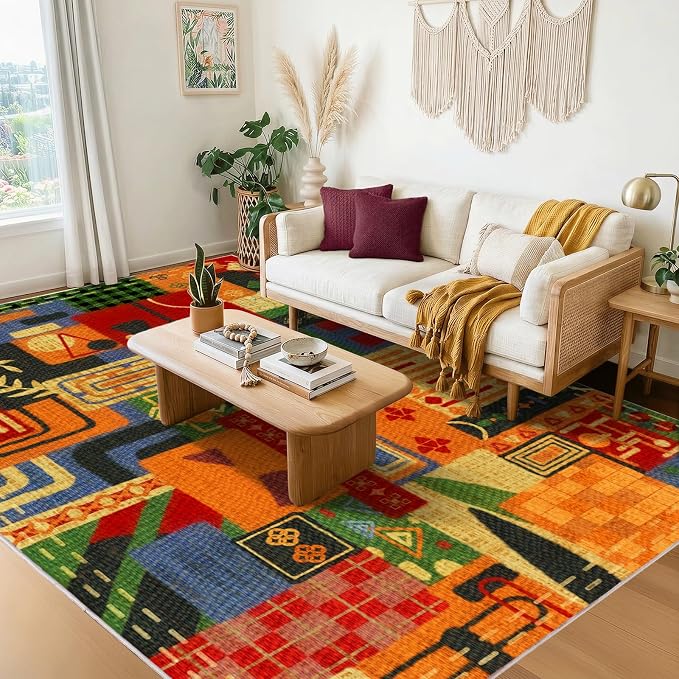 Geometric 6x9 Area Rugs for Living Room, Burnt Orange Washable Large Rug | Non Slip Low Pile Boho Geometric Colorful Rugs for Bedroom| Indoor Carpet for Office Nursery Dining Room Entryway Home Decor