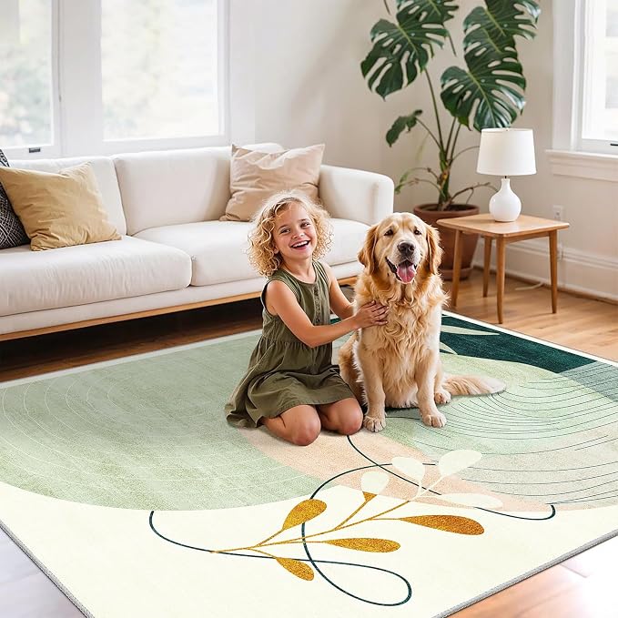 Washable 8x10 Area Rugs Low Pile Non Slip Mid Century Modern Large | Machine Washable Big Throw Carpet for Living Room Dining Room Bedroom Indoor Boho Abstract Retro Geometric Green