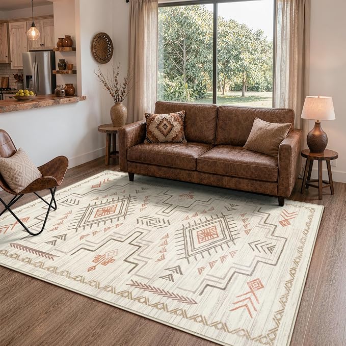 STARUIA Moroccan Washable Area Rug 5x7, Beige Western and Aztec Tribal Boys Neutral Rug for Living Room, Soft Non-Slip Stain Resistant Large Carpet for Bedroom Dining Room