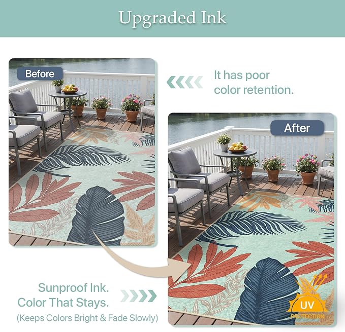 GENIMO Outdoor & Indoor Area Rug 8'x10', Waterproof, Non-Shedding, Easy Cleaning, Leaf Mat for Patio, Living Room, Balcony, Dining Room, RV, Deck, Bedroom, Camping, Outside Carpet, Blue Paint