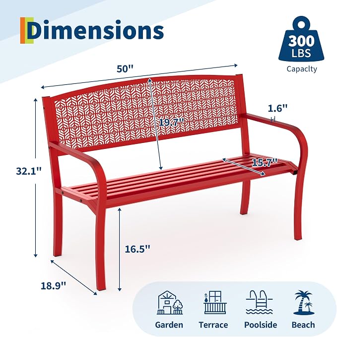 50" Outdoor Metal Garden Bench, Patio Steel Bench with Curved Backrest, Decorative Pattern, Weather-Resistant Porch Bench for Yard, Park, Deck, Backyard