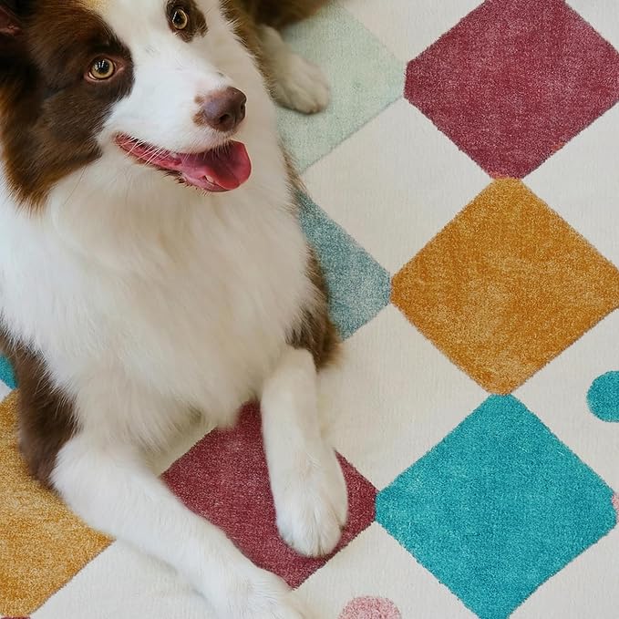 jinchan 5x5 Nursery Rug Kids Room Square Rug Washable Colorful Playroom Rug | Soft, Non-Slip, Confetti, Cute, Kid-Friendly, Modern Checkered Diamond Design, Play Mat, Bedroom, Daycare, Cream Background