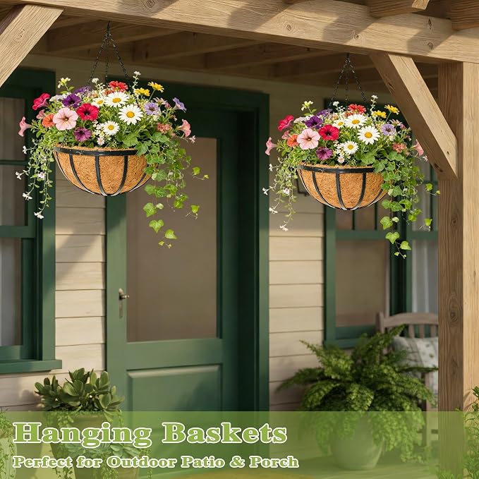 14 Inch Black Flat Iron Metal Hanging Planter Basket with Coco Coir Liner(4 Pack) Hanging Planters for Outdoor Plants Hanging Baskets for Plants Flower Pots for Deck Patio Porch Garden Balcony