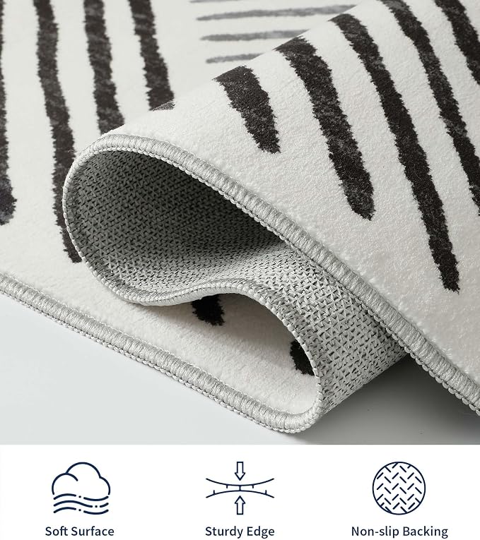 2‘x6' Washable Black and White Geometric Runner Rug for Kitchen | Non-Slip, Low Pile, Stain Resistant, Modern Stripe Long Runner Rug for Hallway Entryway Bedroom