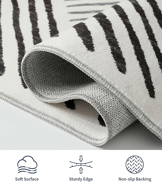 9‘x12' Washable Black and White Modern Area Rug for Living Room | Non-Slip, Low Pile, Stain Resistant, Black Geometric Stripe Large Rug for Bedroom Dining Room