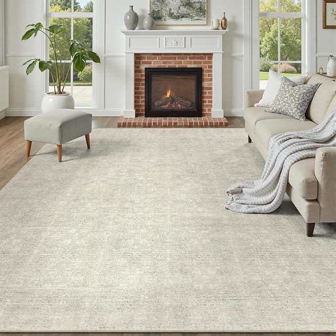 DCX Washable 6x9 Beige Rug, Stain Resistant Rubber Back Non Slip Rug | Kid & Pet Friendly Neutral Floral Rug for Living Room, Bedroom, Home Office, Soft Low Pile Large Nursery Carpet