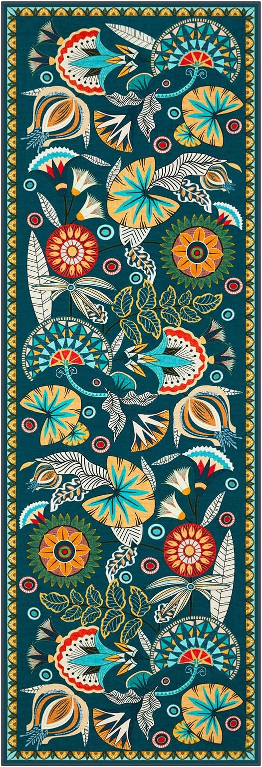 Joydeco Egypt Floral Boho 2x6 Washable Kitchen Hallway Bathroom Rug Runner | Dark Green Botanical Colorful Non Slip Stain Resistant Low Pile Flower Indoor Carpet Runner for Entryway Laundry Room Bedroom