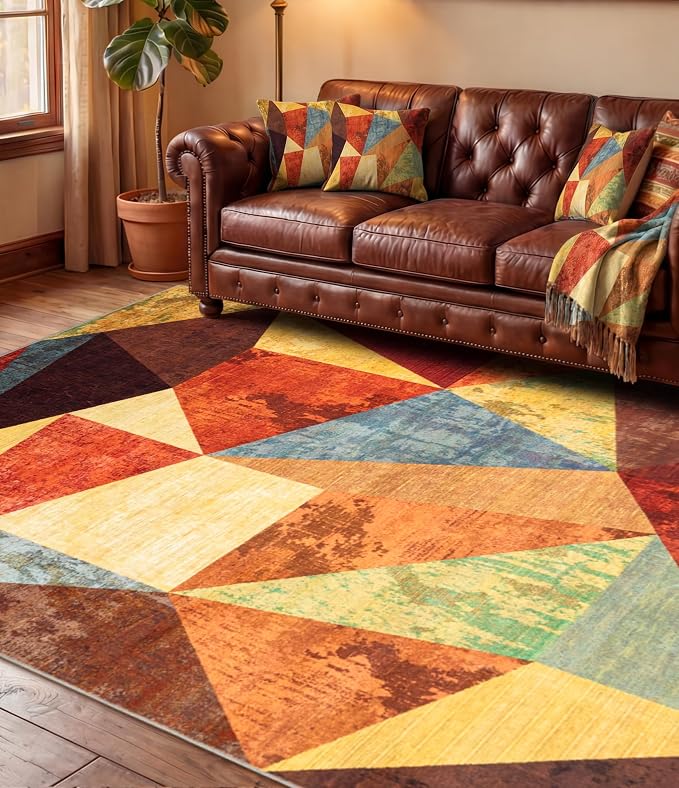 Brown Area Rug 5x7,Geometric Burnt Orange Area Rug Non Slip,Farmhouse Rugs Washable,Vintage Burgundy Carpets for Bedroom, Boho Rug for Kitchen,Dining Room