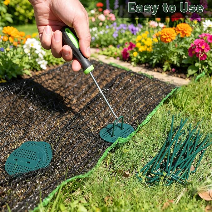 FEED GARDEN 6 Inch 50 Pcs Galvanized Landscape Staples 50 Pcs Gaskets Pick Hook Garden Stakes 11 Gauge Anti-Rust Landscaping Fabric SOD Pins U Shaped Yard Turf Stakes for Weed Barrier Fabric Green
