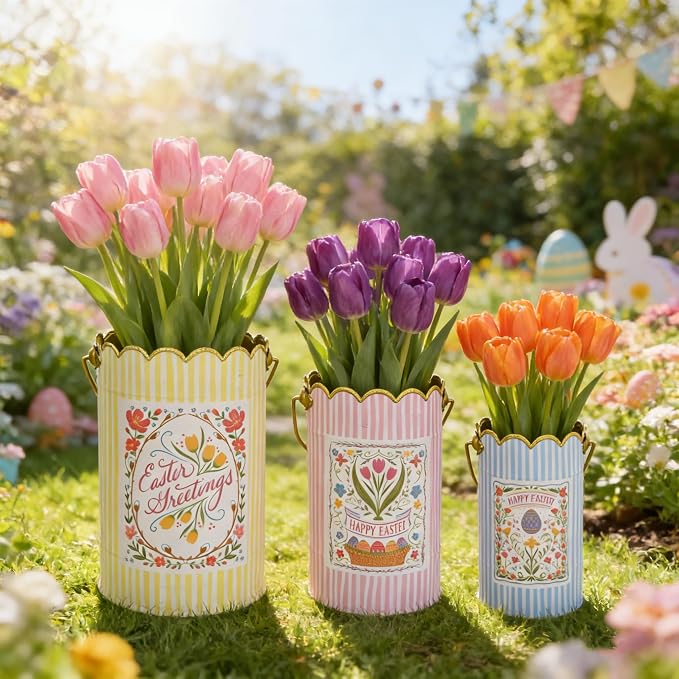 Set of 3 Vintage Spring Metal Planter with Handle, Decorative Floral Bucket Cute Striped Design Flower Pots for Garden & Home Decor